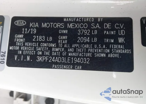 2020 Kia Forte Lxs from USA, damaged, VIN 3KPF24AD3LE194032